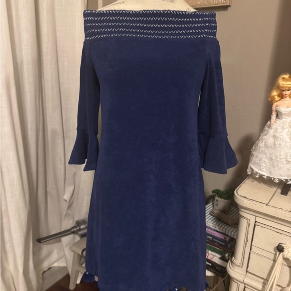 Cabana Life Dresses & Skirts - Elegant Blue Off-Shoulder Dress - Cabana Life - Navy Blue Terrycloth & tassels S